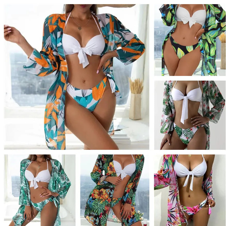 Women's three-piece bikini swimsuit with mesh split design in quick-dry polyester fabric