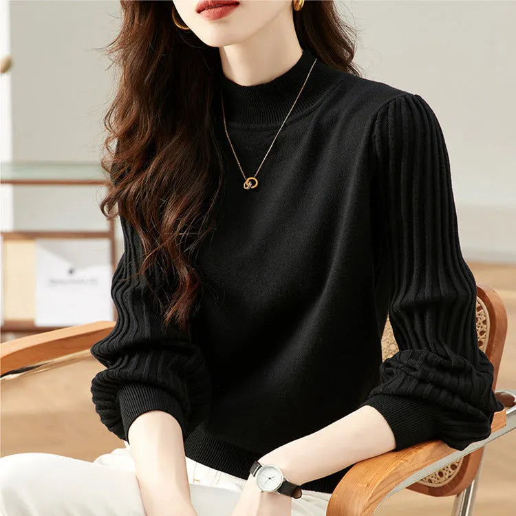 Slim fit half turtleneck shirt in apricot colour with sunken stripe detail and regular sleeves.