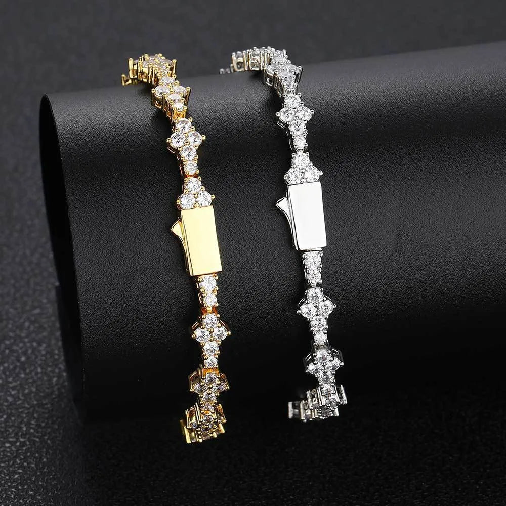 Copper hip hop bracelet with inlaid zircon in gold 6.5mm width geometric chain design