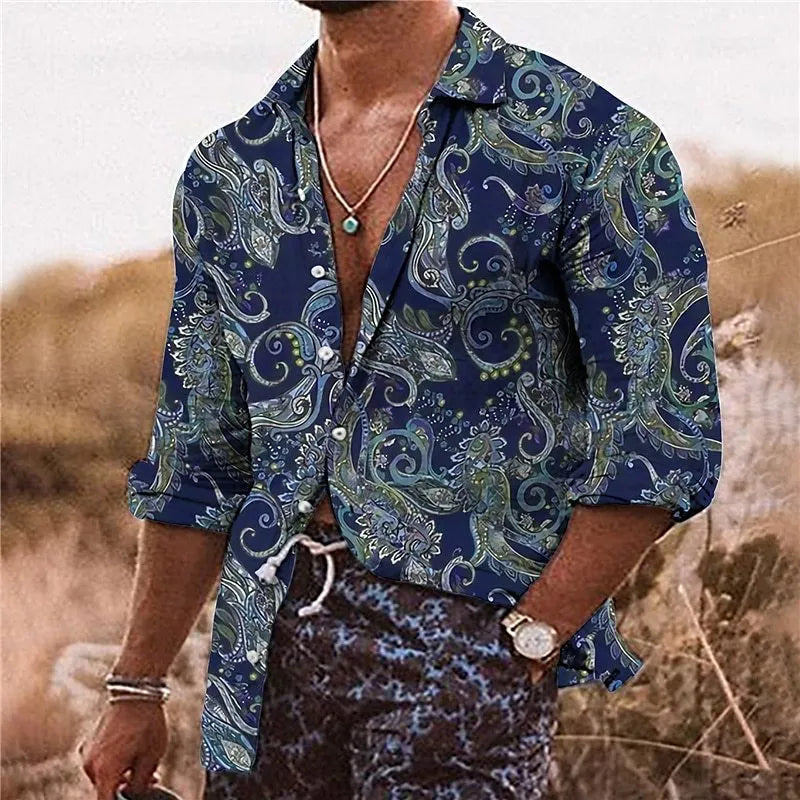 Men's loose fit long sleeve shirt with a colourful 3D floral pattern print.