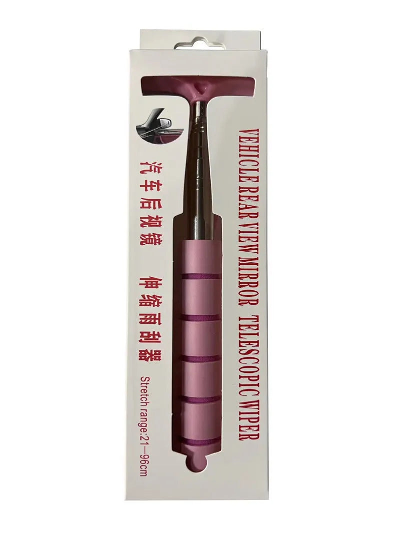 Retractable stainless steel car rearview mirror wiper shown in extended and retracted positions with colour options.