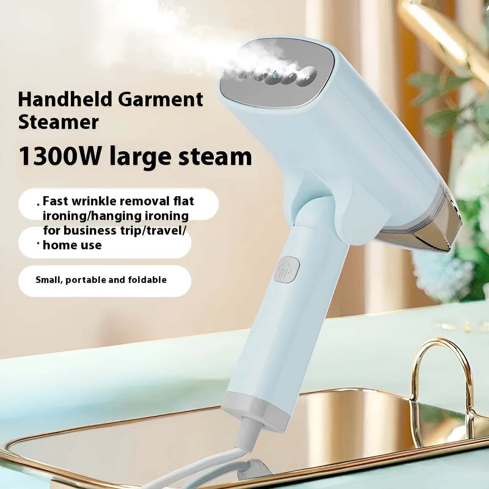 Blue and white handheld garment steamer unit with water tank and nozzle, shown for scale.