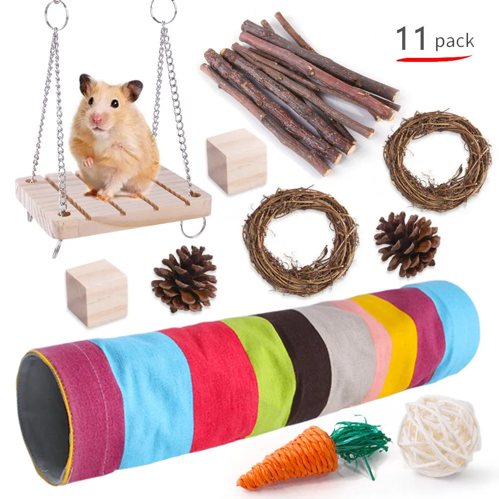 Natural wooden chewing toy set for small animals including straw mats, woven balls and plant-based components