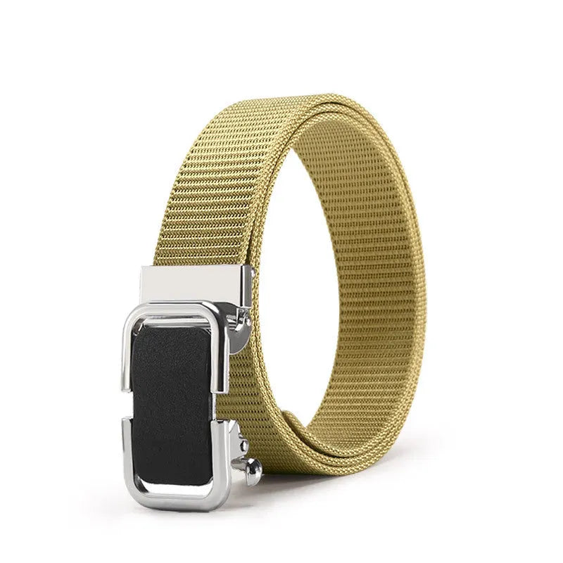 Men's nylon canvas belt with an alloy buckle shown in army green colour with a silver buckle.