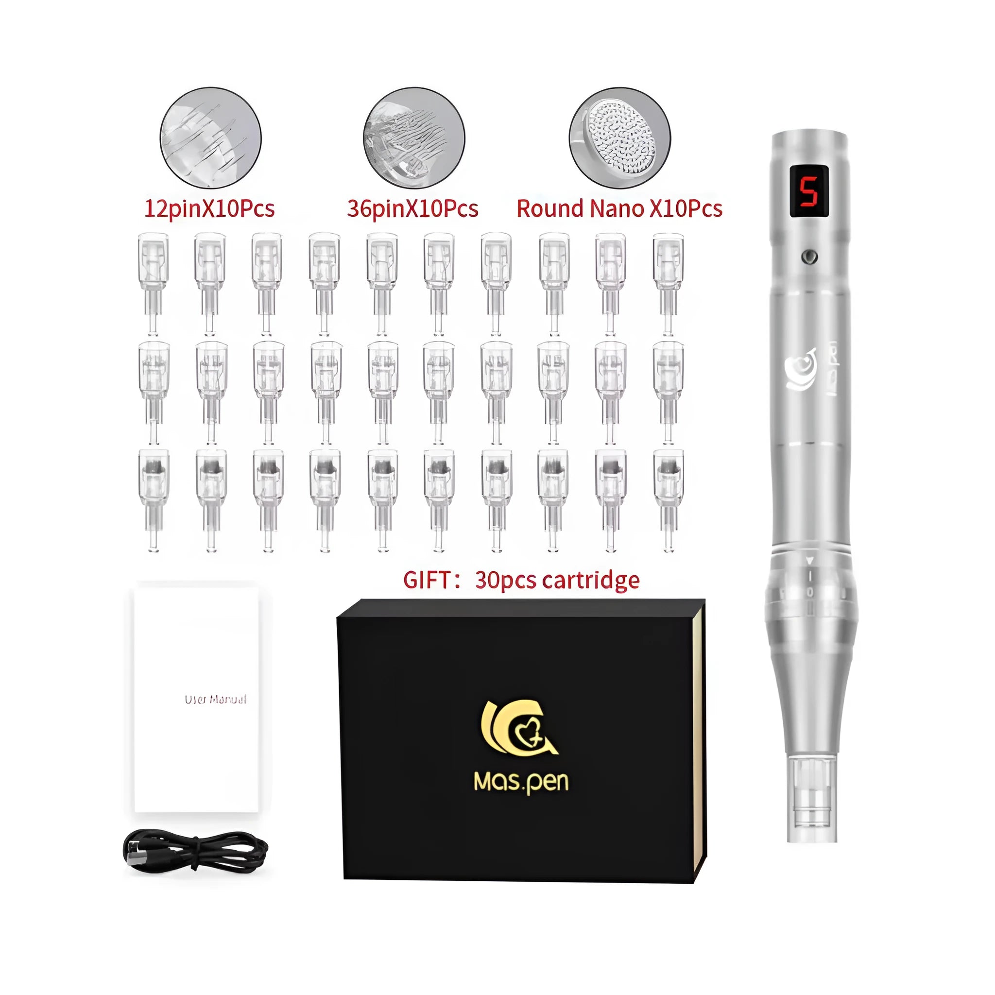 Electric Microneedle Guide Tool with Spiral Mouth 30 Heads for Nano Microneedling Professional Skin Care Treatment and At-Home Use