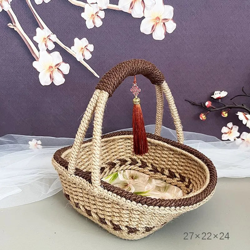 Hand-woven hemp rope basket made from straw material in rustic storage design