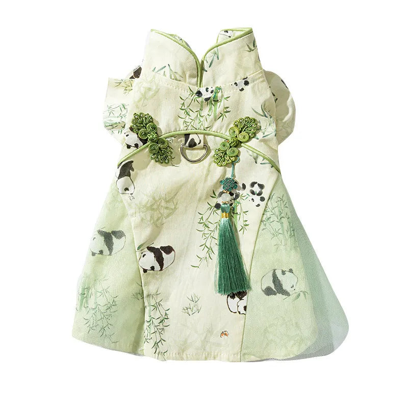 Chinese style panda bamboo leaf cat skirt for hairless cats, woven fabric, tassel dress style