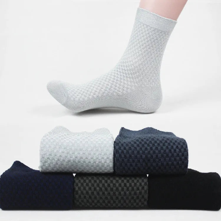 Men's bamboo fibre socks showing small square pattern in one of five available colours.