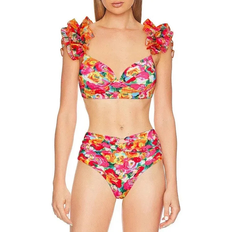 Women's floral push-up bikini set with high-waist briefs on a mannequin.