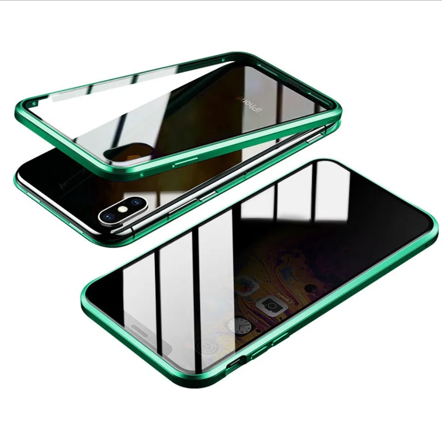 Clamshell anti-spy phone case in six colours showing tempered glass construction for iPhone privacy protection