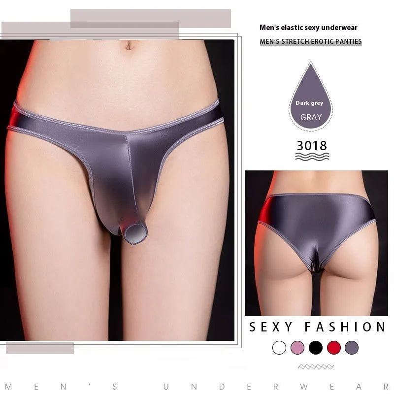 Men's shiny nylon T-back low waist underwear in black, shown on a model.