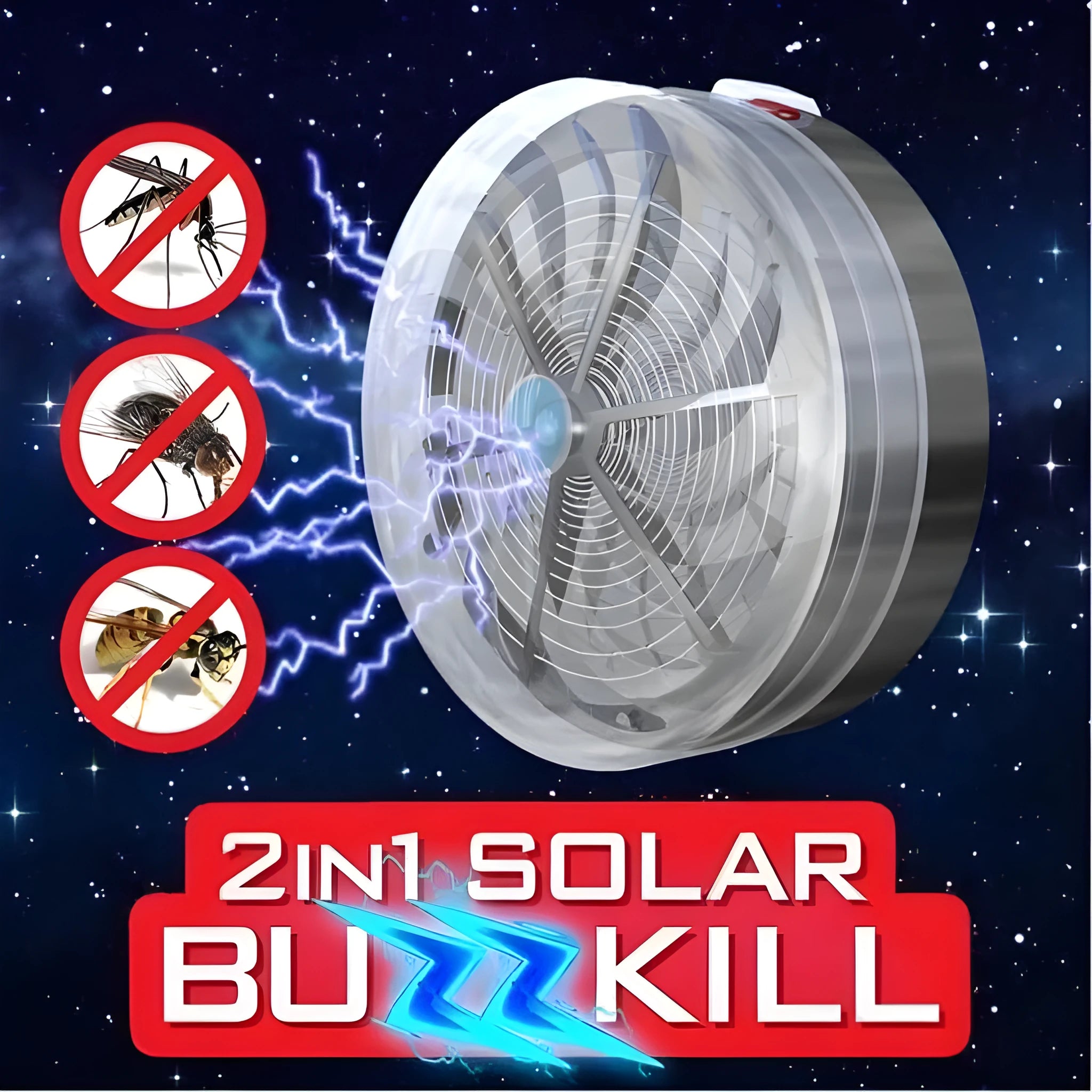 Solar powered bug zapper with blue UV light and rechargeable batteries for outdoor mosquito control