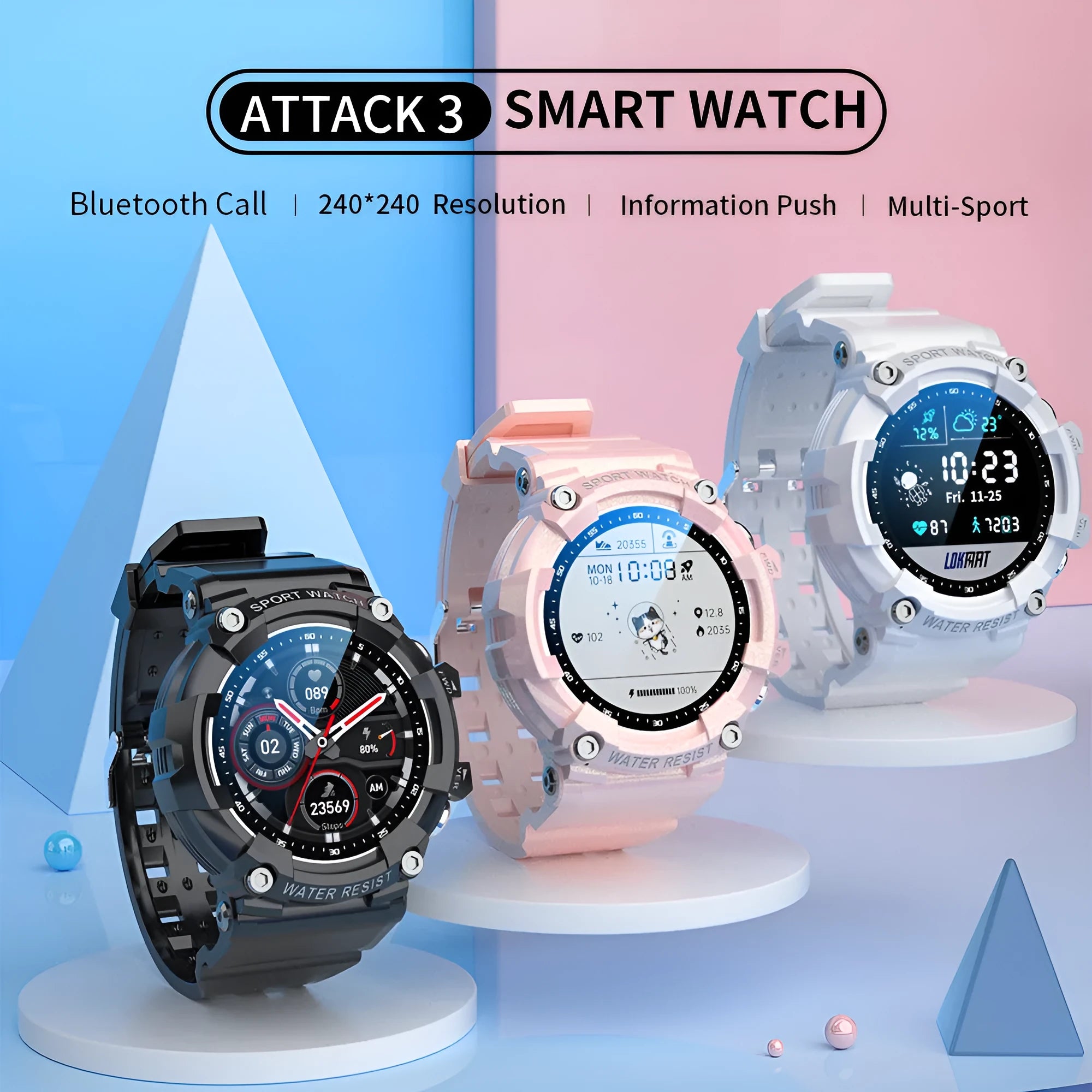 ATTACK 3 IP67 waterproof sports smartwatch in black with round touchscreen on wrist