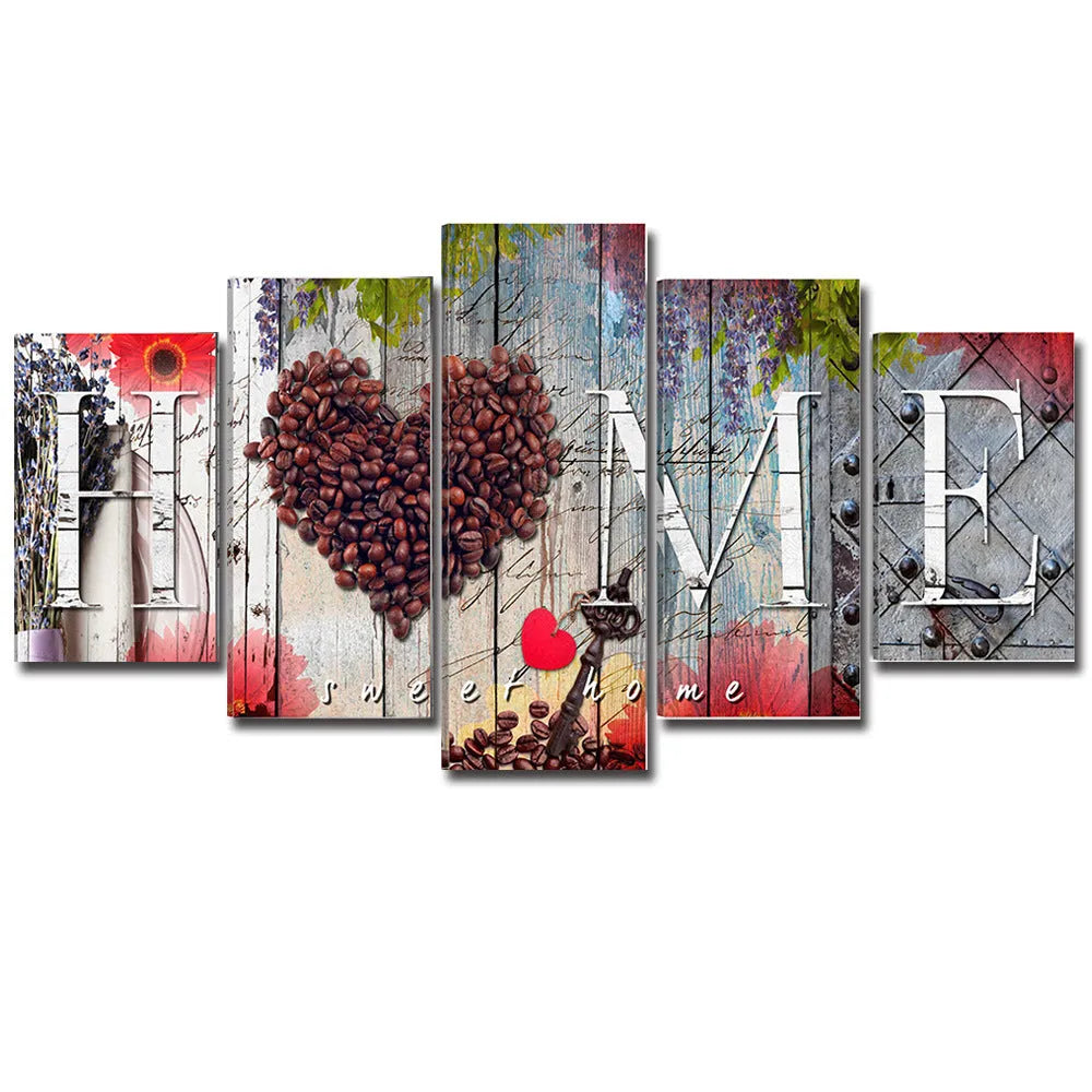 Set of five unframed red abstract canvas panels arranged as wall art display