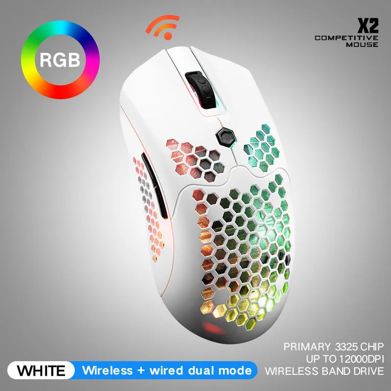 Free Wolf X2 wireless gaming mouse with RGB lighting shown in black, green, pink, white, and yellow colour variants.