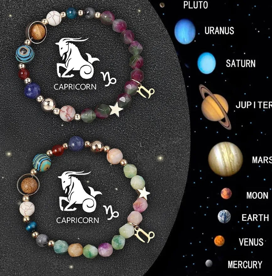 Two adjustable natural stone beaded bracelets showing zodiac sign designs on a neutral background
