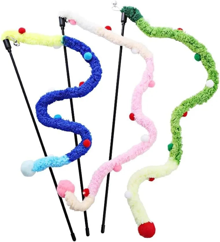 Blue plush strip cat wand toy with colourful fluffy bell attachment on 41cm pole