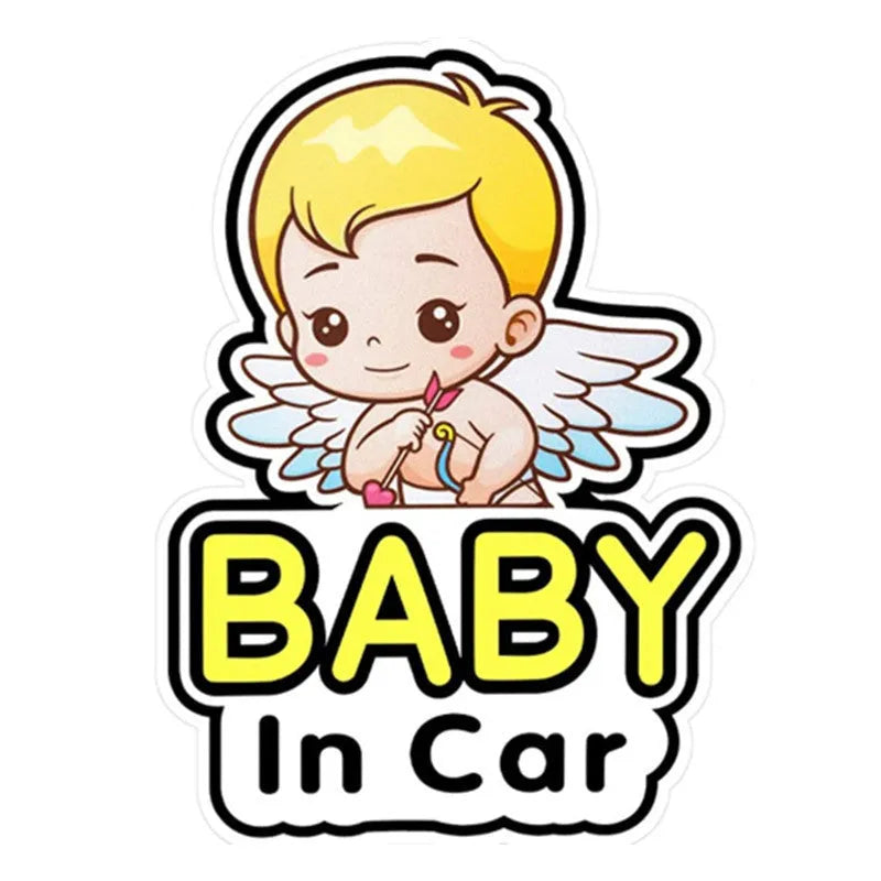 Reflective baby on board car sticker with baby character design on a vehicle window.