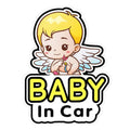 Reflective baby on board car sticker with baby character design on a vehicle window.