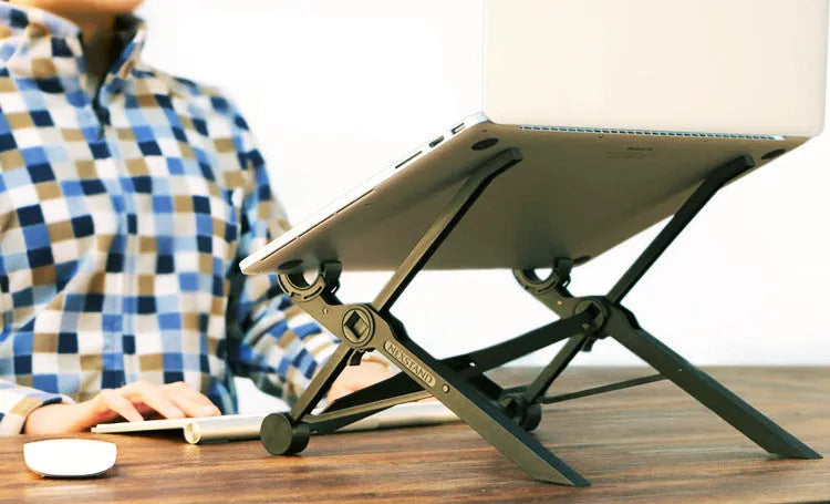 Black folding laptop stand with reinforced nylon construction shown in open and closed positions