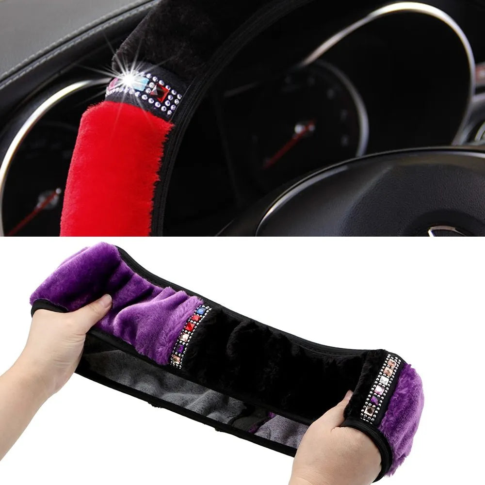Short hair diamond plush elastic steering wheel cover in black on a car steering wheel