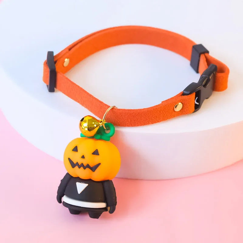 Halloween pet collar decoration with cartoon pattern in three designs including luminous options, sized XS to L for dogs and cats