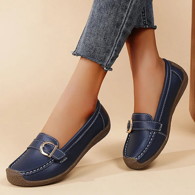 Women's casual loafers in artificial PU with beef tendon sole, round toe, and flat heel in five colour options