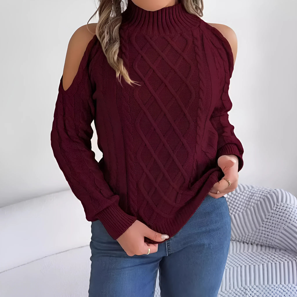 Grey strapless women's sweater with a twist pattern, half-high collar, and long lantern sleeves.