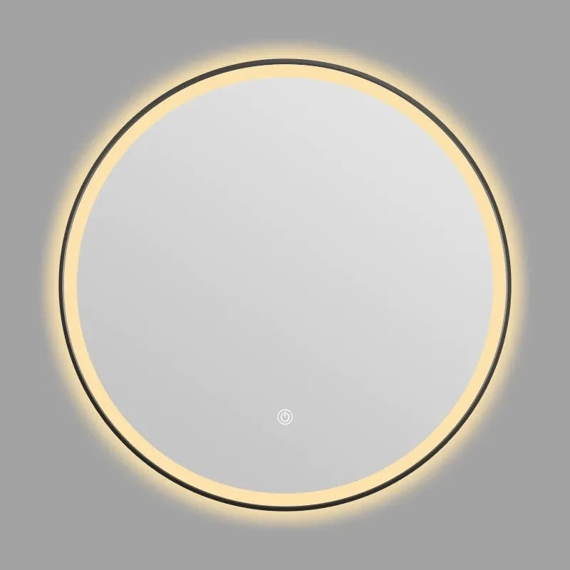 Black aluminium frame wall-mounted LED bathroom mirror with touch control.