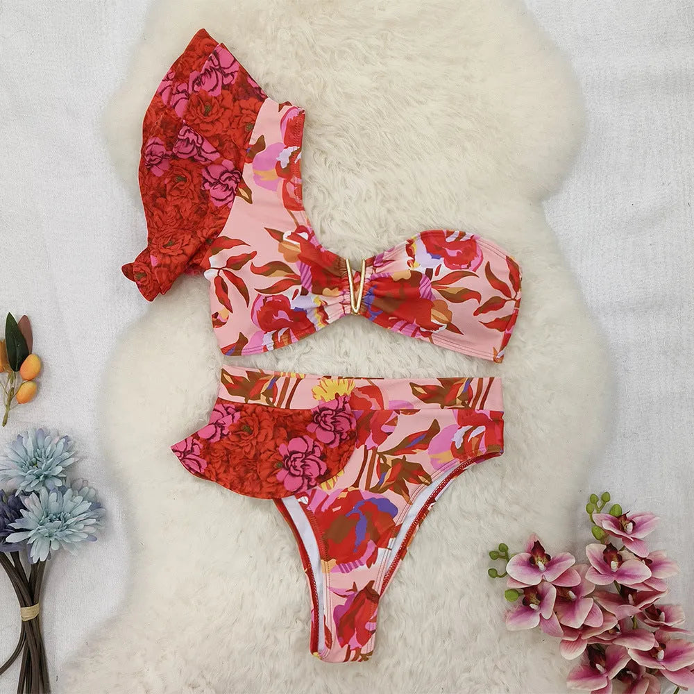 Women's pink floral one-shoulder ruffled bikini with high-waist briefs