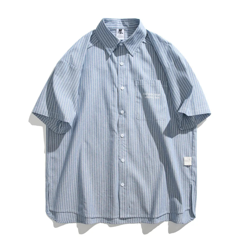 Blue striped overalls shirt with short sleeves and loose cardigan style