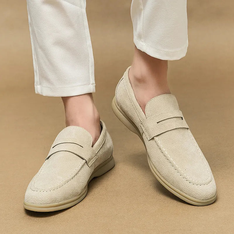 Men's beige leather slip-on casual shoes with round toe and rubber sole