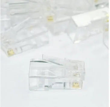 White network modular plug with gold-plated three-fork contacts and all-copper inserts
