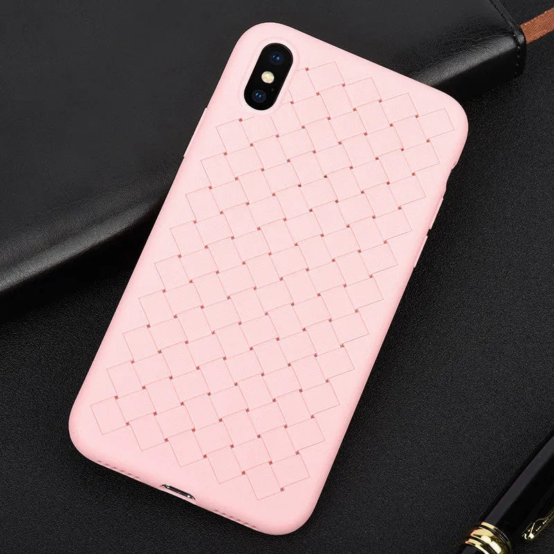 Luxury grid weaving pattern iPhone case in colour options, showing raised screen edges and precise button cutouts.