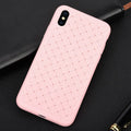Luxury grid weaving pattern iPhone case in colour options, showing raised screen edges and precise button cutouts.