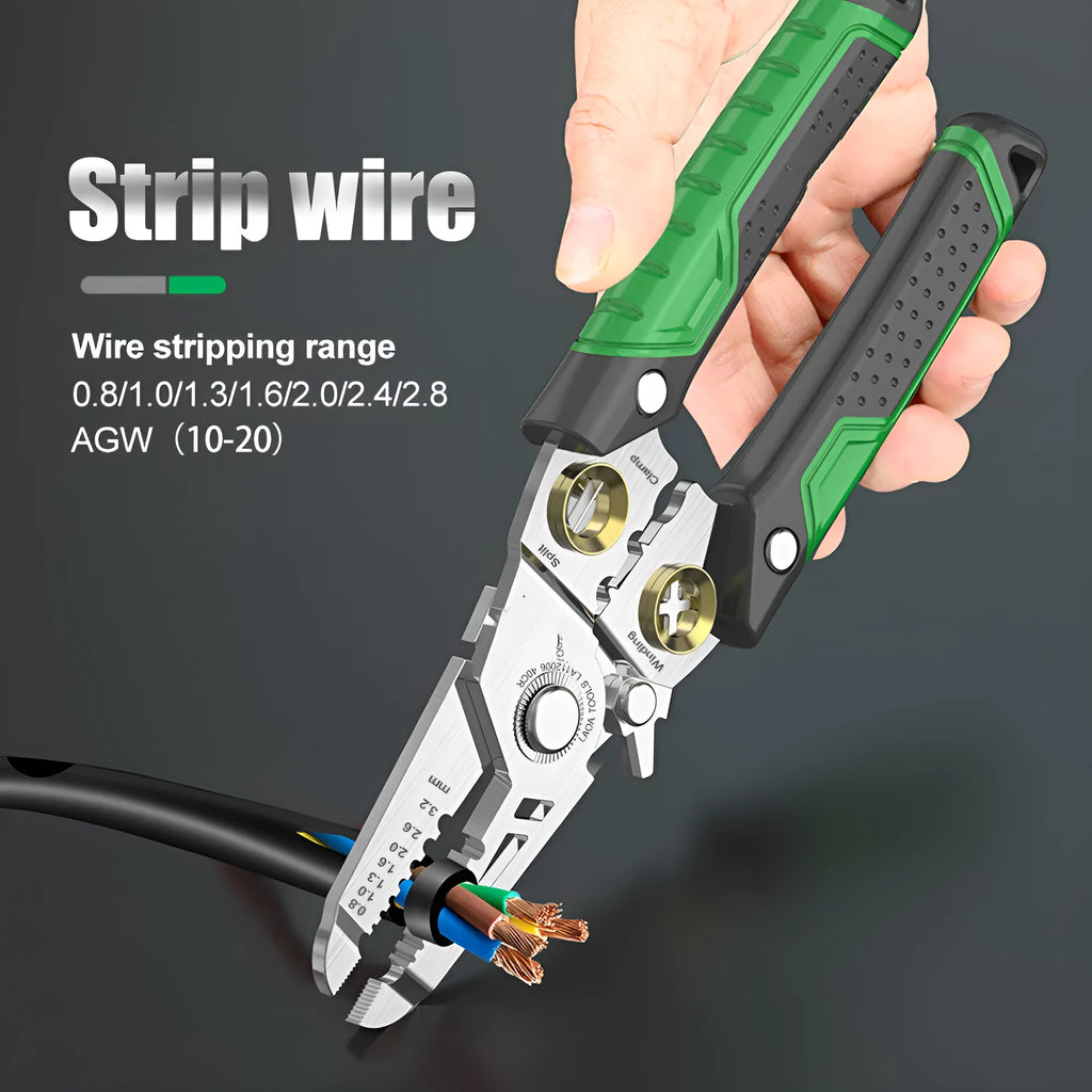 Stainless steel wire stripper tool with two-colour handle and seven labelled stripping apertures