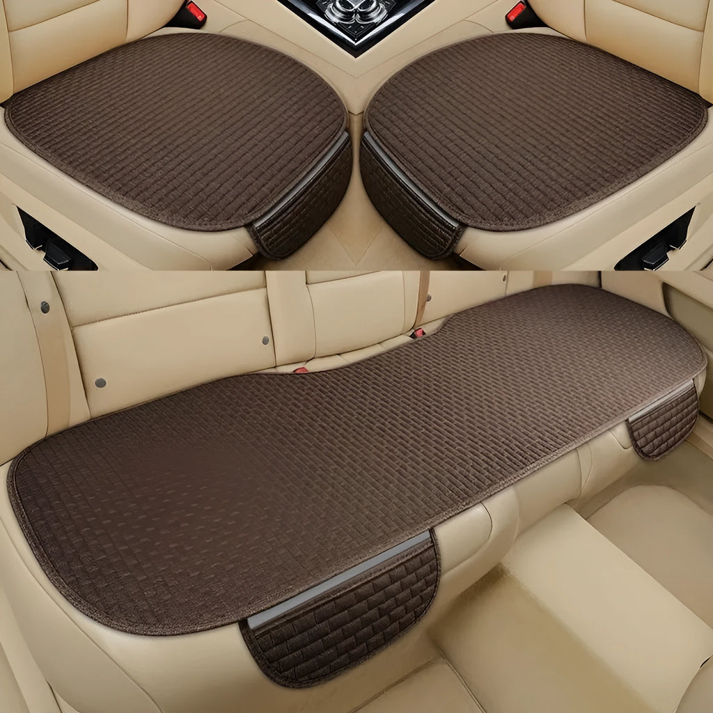 Linen car seat cushion set with hemmed edges in black and red, coffee, and cream colour options