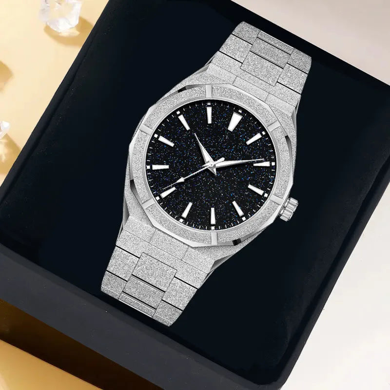 Stainless steel men's business watch with frosted case and luminous markers in black, gold, and silver colours