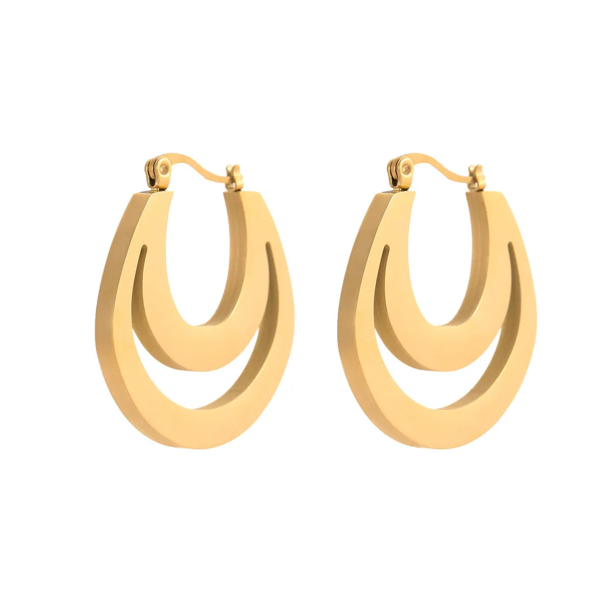 Geometric French earrings with circular ring elements in 18K gold plated metallic finish