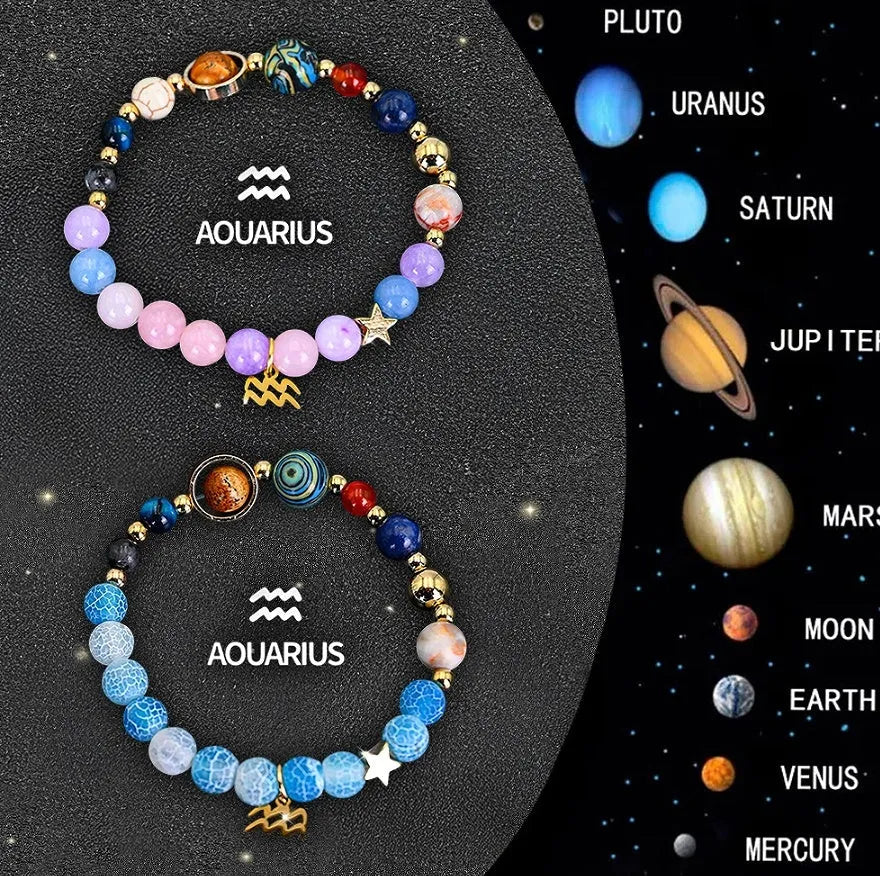 Set of two natural stone beaded bracelets for zodiac signs on adjustable elastic strings.
