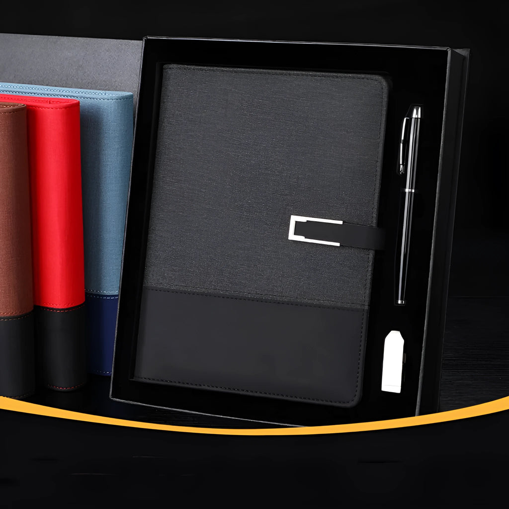 A5 leather notebook in business brown colour with wood-free paper pages and gift box packaging