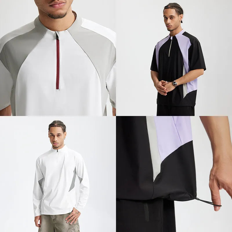 Men's solid colour lightweight polyester top with stitching detail, shown in black and beige for both long and short sleeves.
