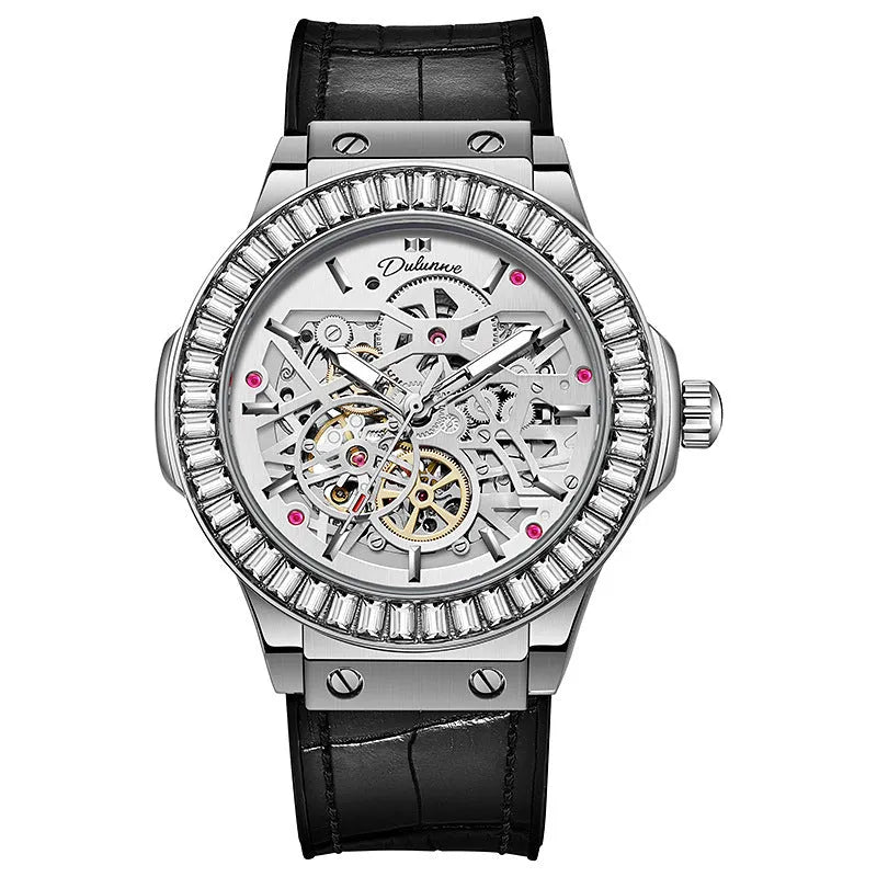 Men's automatic mechanical watch with skeleton dial and diamond bezel on wrist