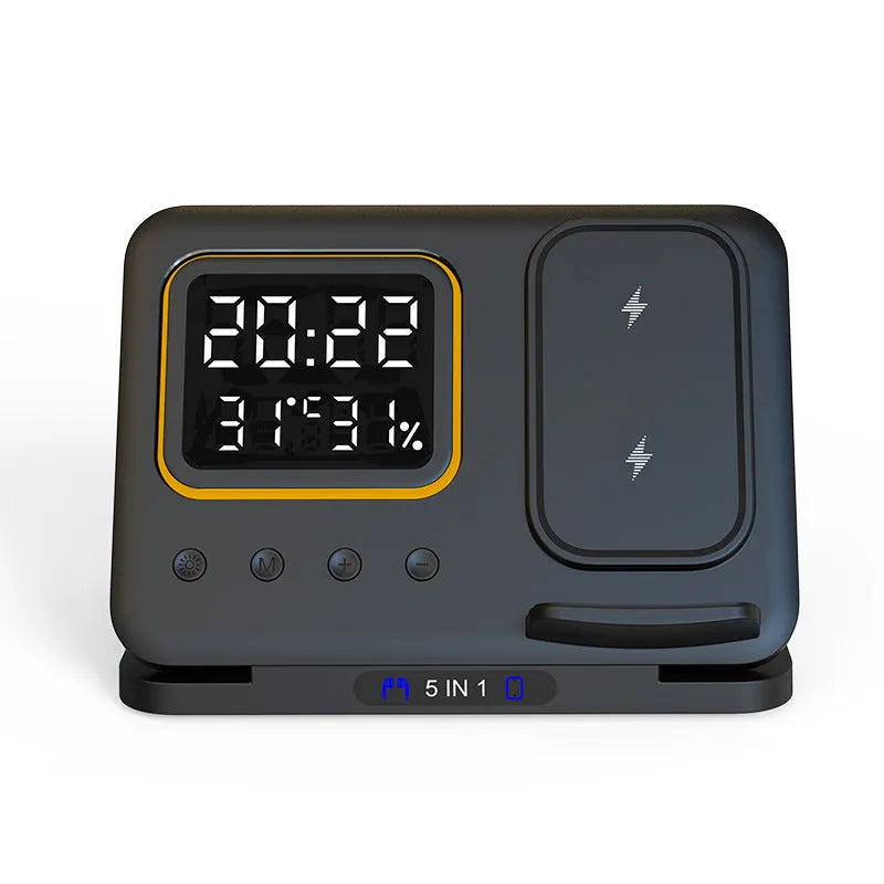 Black and white 15W wireless charging station with LED display showing time, charging phone, watch and headphones