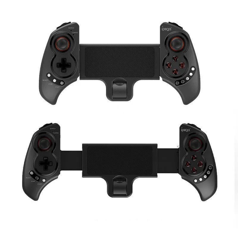 PG-9023 wireless telescopic game controller with phone attached showing adjustable clip and gamepad layout