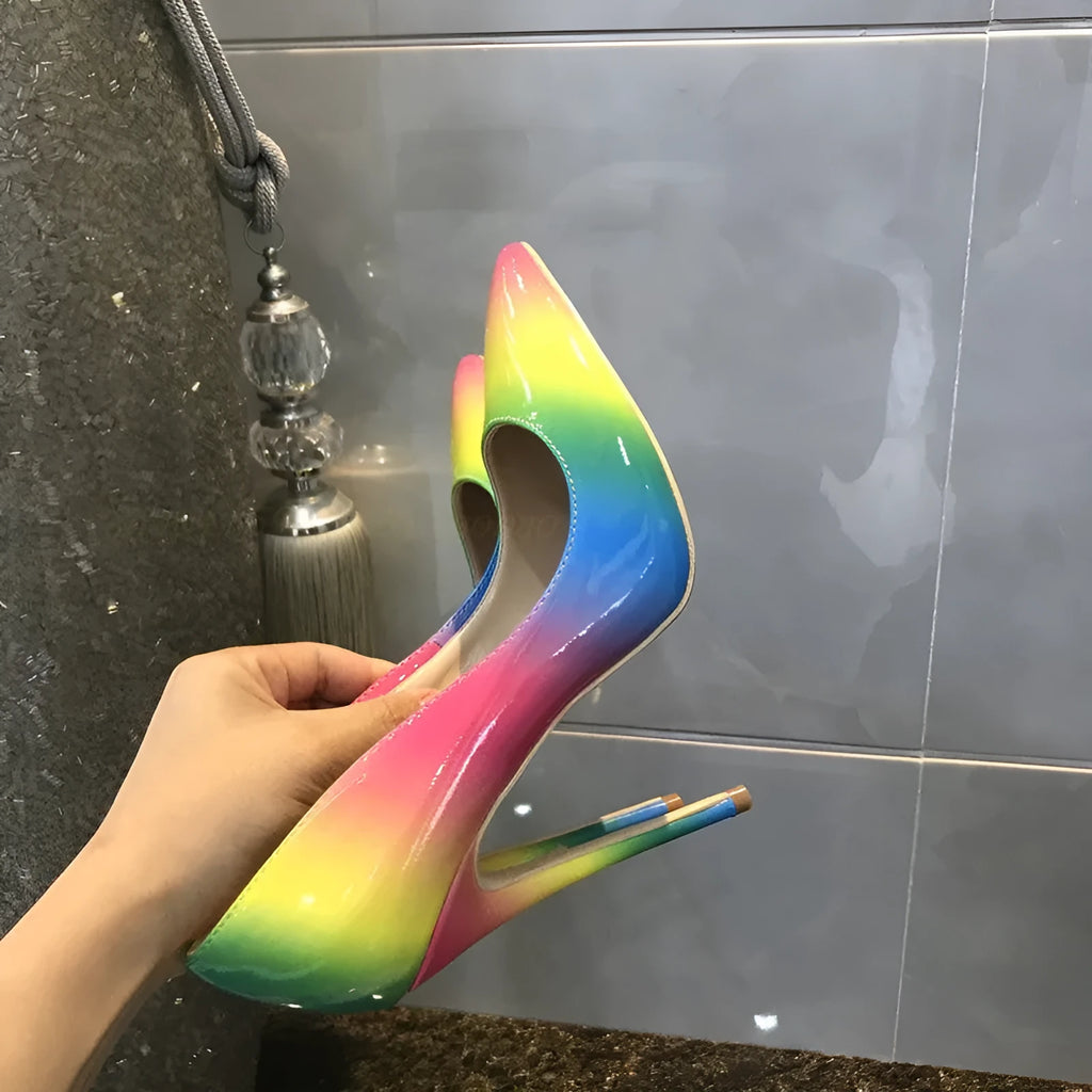 Women's rainbow patent leather high heels with pointed toe and ultra-high thin heel