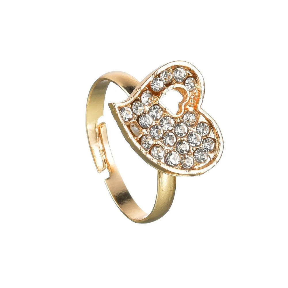 Gold-tone women's jewellery set with adjustable necklace, earrings, and hand decoration featuring love heart pendant