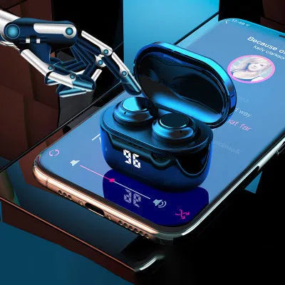 Black stereo Bluetooth headset with earplug design featuring Bluetooth 5.0 and 10-metre wireless range