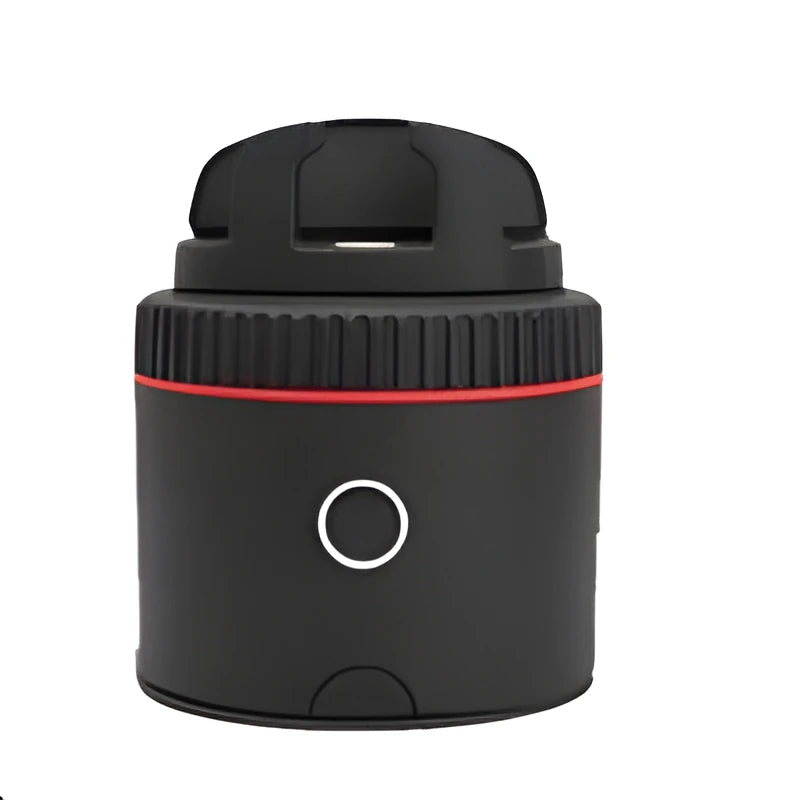 Matte black PIVO facial tracking camera mounted with a smartphone, showing its 360-degree rotating base.
