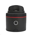 Matte black PIVO facial tracking camera mounted with a smartphone, showing its 360-degree rotating base.